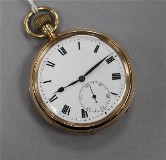 A gentlemans 9ct gold cased open face keyless pocket watch.